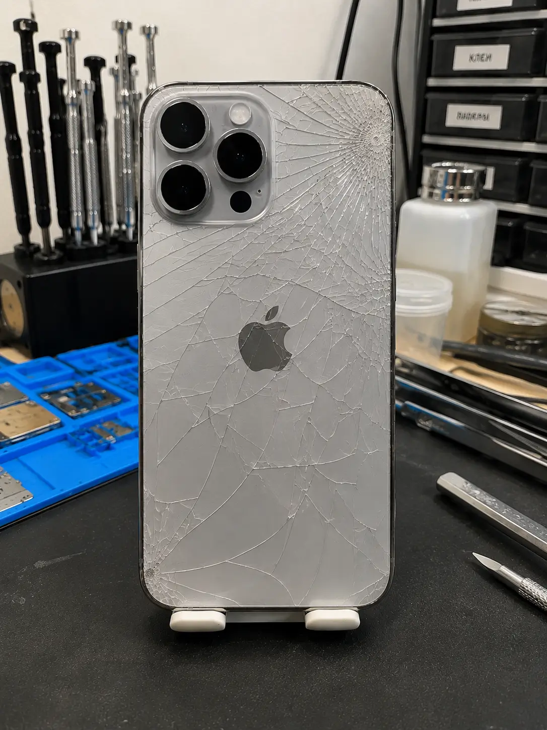 Разбитое заднее стекло iPhone до ремонта