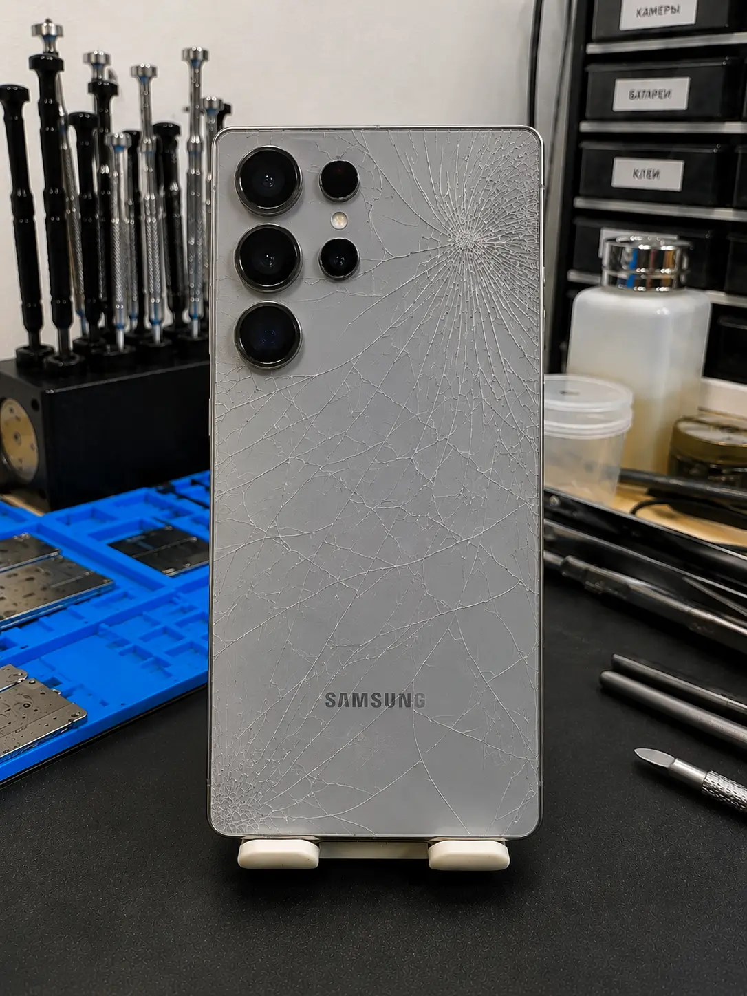 Разбитое заднее стекло Samsung до ремонта